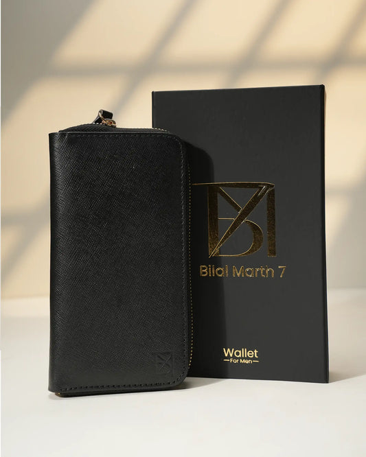 Premium Long Zip Leather Wallet – Classic Black by BM7 Bilal Marth 7