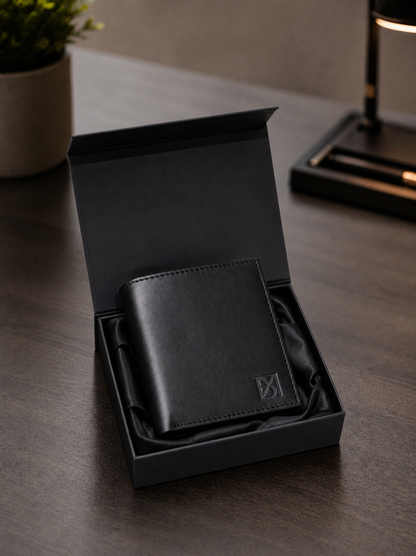 BM Obsidian Premium Black Leather Bifold Wallet